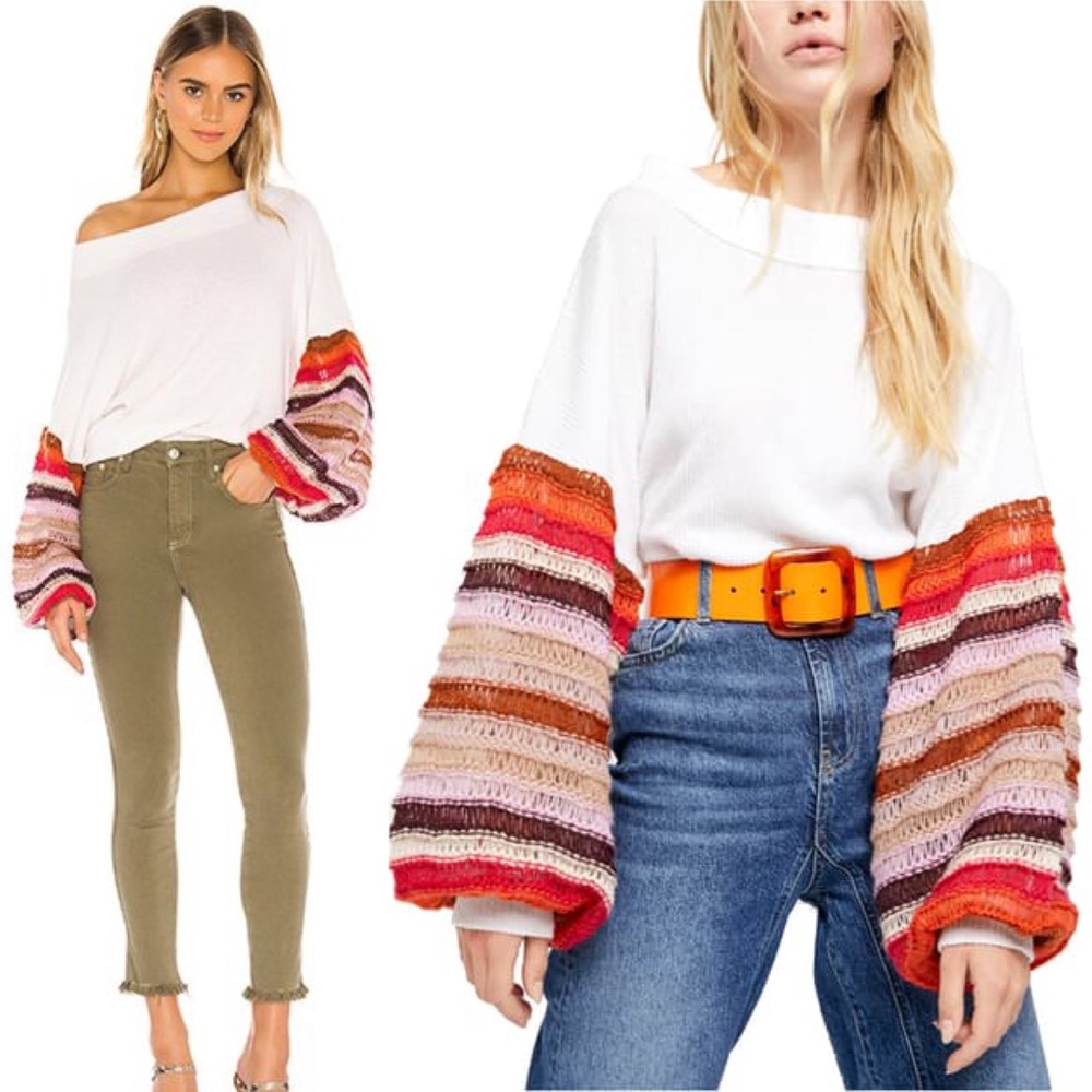 Free People White Scoop Neck Sweater with Multicolor Striped Balloon Sleeves